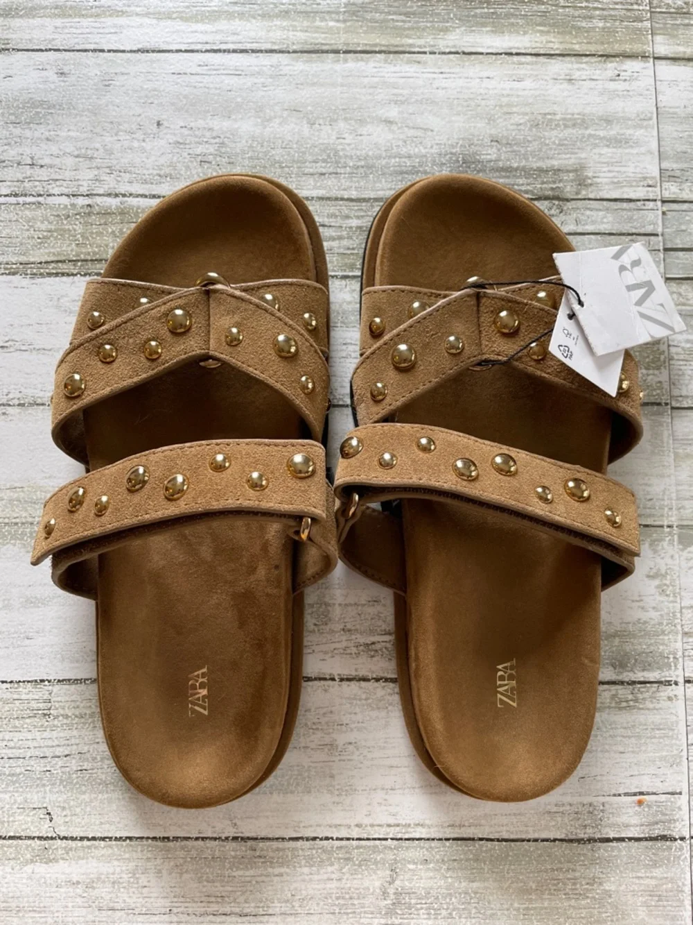 Zara Tan Studded Double-Strap Slide Sandals - Picture 3 of 7